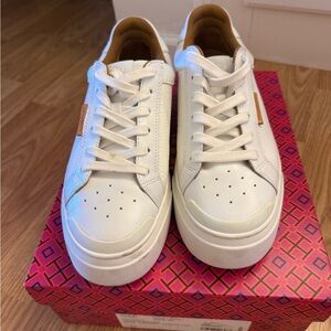 Tory Burch White Leather Platform Sneakers with Tan Accents